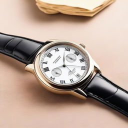 A detailed image of an analog wristwatch featuring Roman numerals