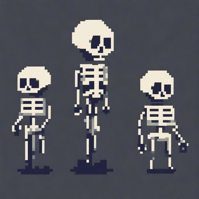 Create a very simple pixel art skeletal enemy character for a 2D platformer video game, designed in profile view