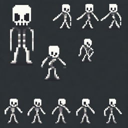 Create a very simple pixel art skeletal enemy character for a 2D platformer video game, designed in profile view