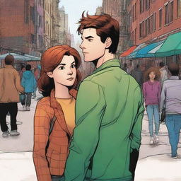 Peter Parker in his regular form, standing with his back to the camera on the left side of the picture, looking to the right