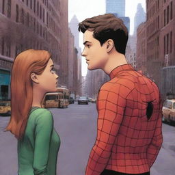 Peter Parker in his regular form, standing with his back to the camera on the left side of the picture, looking to the right