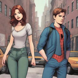 Peter Parker in his regular form, standing with his back to the camera on the left side of the picture, looking to the right