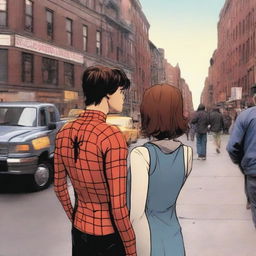 Peter Parker in his regular form, standing with his back to the camera on the left side of the picture, looking to the right