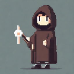 Create a very simple pixel art with few pixels of a hooded boy holding a magic staff, shown in profile view