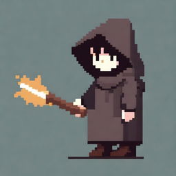 Create a very simple pixel art with few pixels of a hooded boy holding a magic staff, shown in profile view