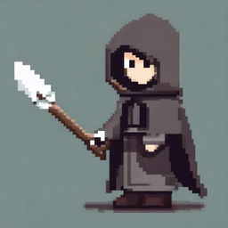 Create a very simple pixel art with few pixels of a hooded boy holding a magic staff, shown in profile view