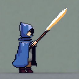 Create a very simple pixel art with few pixels of a hooded boy holding a magic staff, shown in profile view