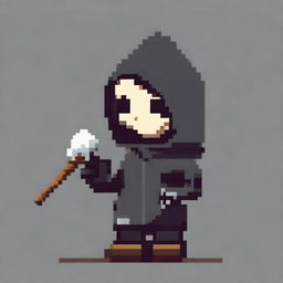 Create a very simple pixel art with few pixels of a hooded boy whose face is not visible, holding a magic staff, shown in profile view