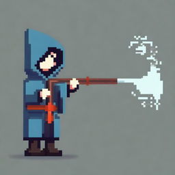 Create a very simple pixel art with few pixels of a hooded boy whose face is not visible, holding a magic staff, shown in profile view