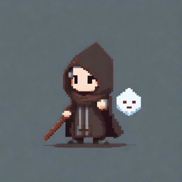 Create a very simple pixel art with few pixels of a hooded boy whose face is not visible, holding a magic staff, shown in profile view