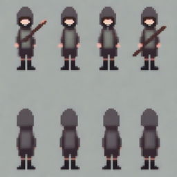 Create a very simple pixel art with few pixels of a hooded boy whose face is not visible, holding a magic staff, shown in profile view