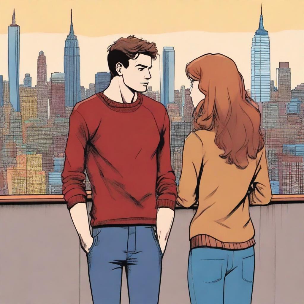 Peter Parker on the left, wearing normal clothes, looking to his right