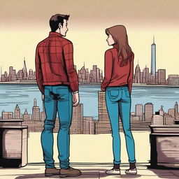 Peter Parker as a teenager on the left, wearing normal clothes, looking to his right