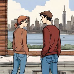 Peter Parker as a teenager on the left, wearing normal clothes, looking to his right