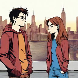 Peter Parker as a teenager on the left, wearing normal clothes, looking to his right