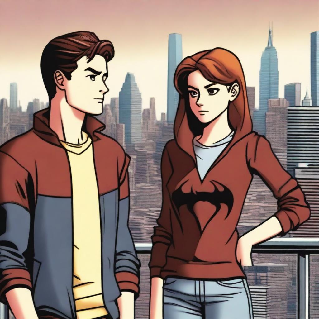 Peter Parker as a teenager on the left, wearing normal clothes, looking to his right