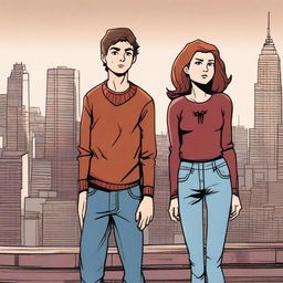 Peter Parker as a teenager on the left, wearing normal clothes, looking to his right