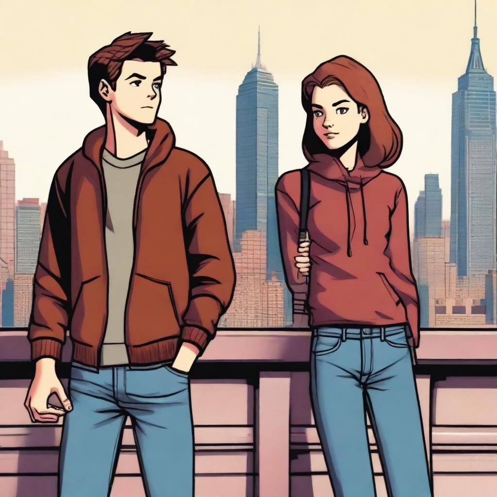 Peter Parker as a teenager on the left, wearing normal clothes, looking to his right