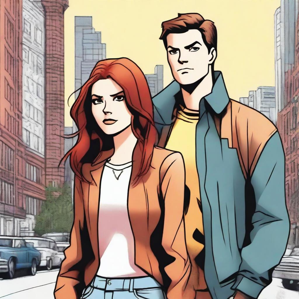 A detailed illustration of Peter Parker and Mary Jane Watson, both with brown hair, standing together in a cityscape background