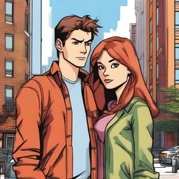 A detailed illustration of Peter Parker and Mary Jane Watson, both with brown hair, standing together in a cityscape background