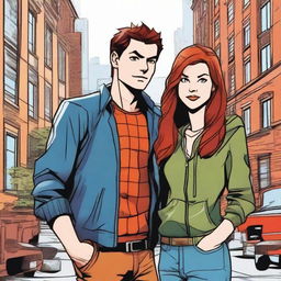 A detailed illustration of Peter Parker and Mary Jane Watson, both with brown hair, standing together in a cityscape background