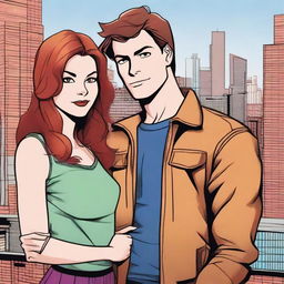 A detailed illustration of Peter Parker and Mary Jane Watson, both with brown hair, standing together in a cityscape background