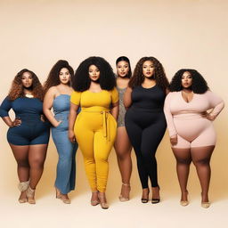 A group of confident, curvy women of diverse backgrounds, wearing fashionable clothing, and posing proudly