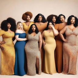 A group of confident, curvy women of diverse backgrounds, wearing fashionable clothing, and posing proudly