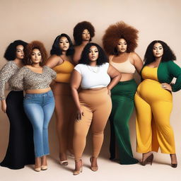 A group of confident, curvy women of diverse backgrounds, wearing fashionable clothing, and posing proudly