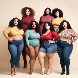 A group of confident, curvy women of diverse backgrounds, wearing fashionable clothing, and posing proudly