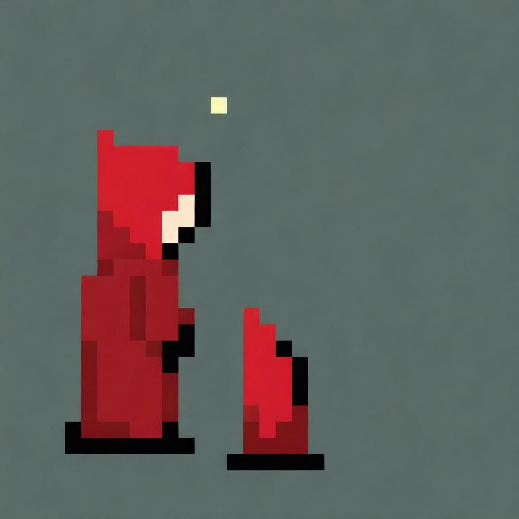 Create a very simple and low-pixel pixel art of a hooded boy wearing a red robe, shown in profile, holding a very small magic wand