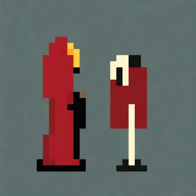 Create a very simple and low-pixel pixel art of a hooded boy wearing a red robe, shown in profile, holding a very small magic wand