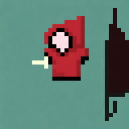 Create a very simple and low-pixel pixel art of a hooded boy wearing a red robe, shown in profile, holding a very small magic wand