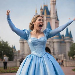 A classic Disney-styled adult character expressing frustration and screaming at their unseen children, with the iconic Cinderella's Castle from Magic Kingdom in the background