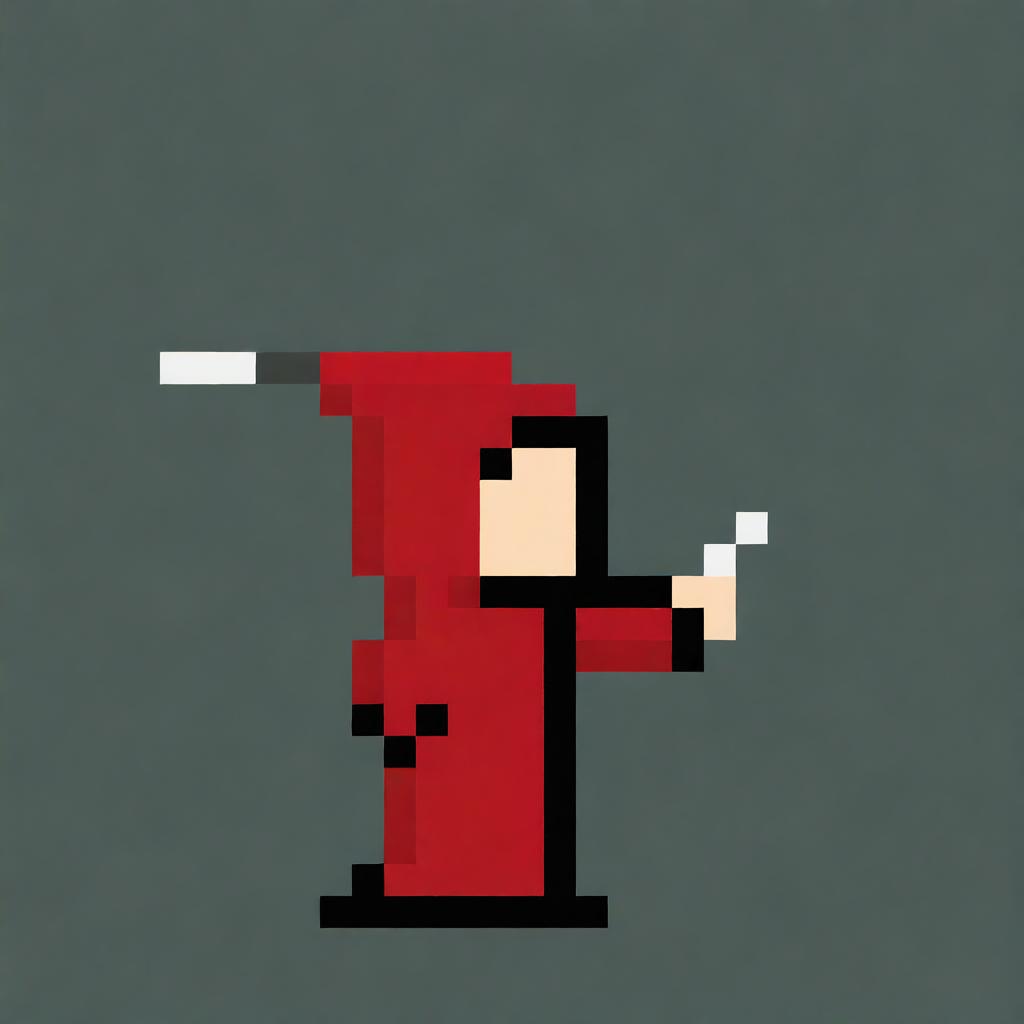 Create a very simple pixel art of a hooded boy wearing a red robe, shown in profile, holding a very small magic wand