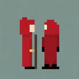 Create a very simple pixel art of a hooded boy wearing a red robe, shown in profile, holding a very small magic wand