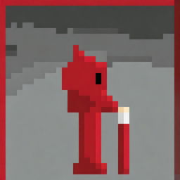 Create a very simple pixel art of a hooded boy wearing a red robe, shown in profile, holding a very small magic wand