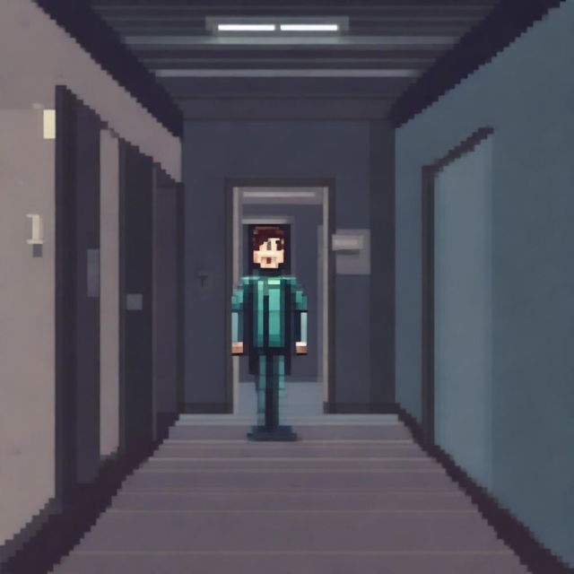 A pixel art depiction of a lost patient wandering through a dimly lit, eerie hospital corridor