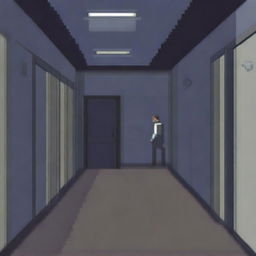 A pixel art depiction of a lost patient wandering through a dimly lit, eerie hospital corridor