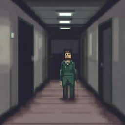 A pixel art depiction of a lost patient wandering through a dimly lit, eerie hospital corridor