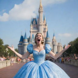 A classic Disney-styled adult character expressing frustration and screaming at their unseen children, with the iconic Cinderella's Castle from Magic Kingdom in the background