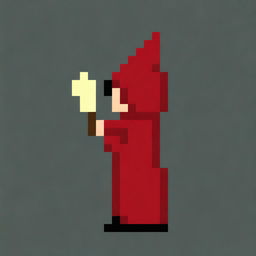 Create a very simple pixel art of a hooded boy wearing a red robe, shown in profile, holding a very small magic wand