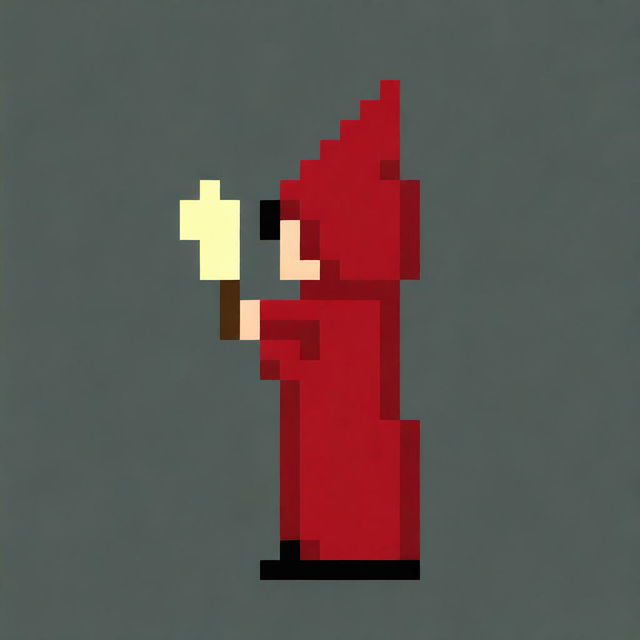 Create a very simple pixel art of a hooded boy wearing a red robe, shown in profile, holding a very small magic wand