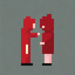 Create a very simple pixel art of a hooded boy wearing a red robe, shown in profile, holding a very small magic wand