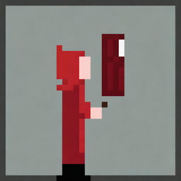 Create a very simple pixel art of a hooded boy wearing a red robe, shown in profile, holding a very small magic wand