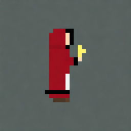 Create a very simple pixel art of a hooded boy wearing a red robe, shown in profile, holding a very small magic wand