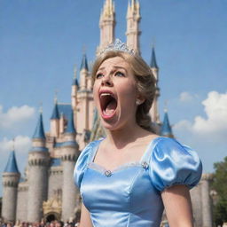 A classic Disney-styled adult character expressing frustration and screaming at their unseen children, with the iconic Cinderella's Castle from Magic Kingdom in the background