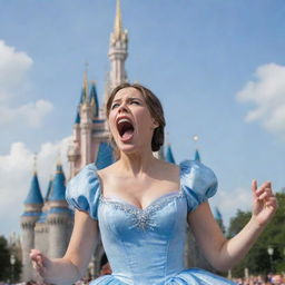 A classic Disney-styled adult character expressing frustration and screaming at their unseen children, with the iconic Cinderella's Castle from Magic Kingdom in the background