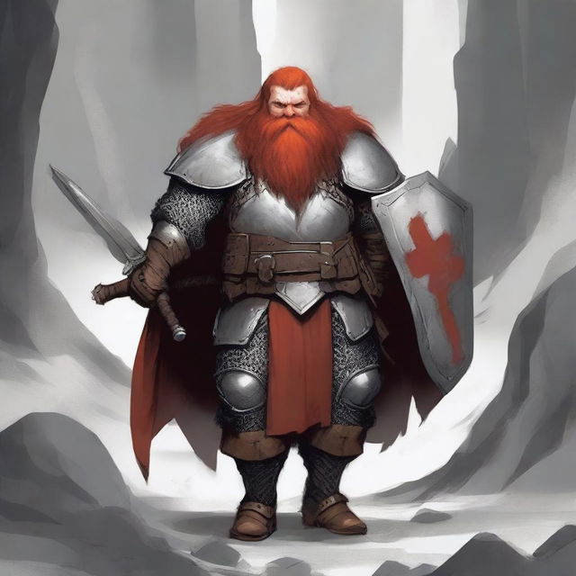 A Mountain Dwarf with red hair and a huge red beard, wearing chain mail armor