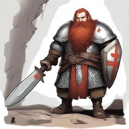 A Mountain Dwarf with red hair and a huge red beard, wearing chain mail armor